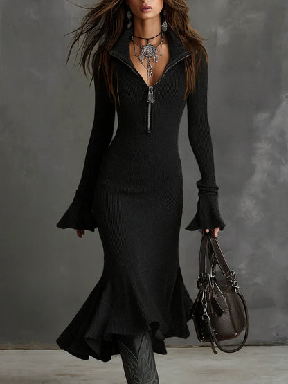 Zippered collar bell sleeve knit fishtail dress