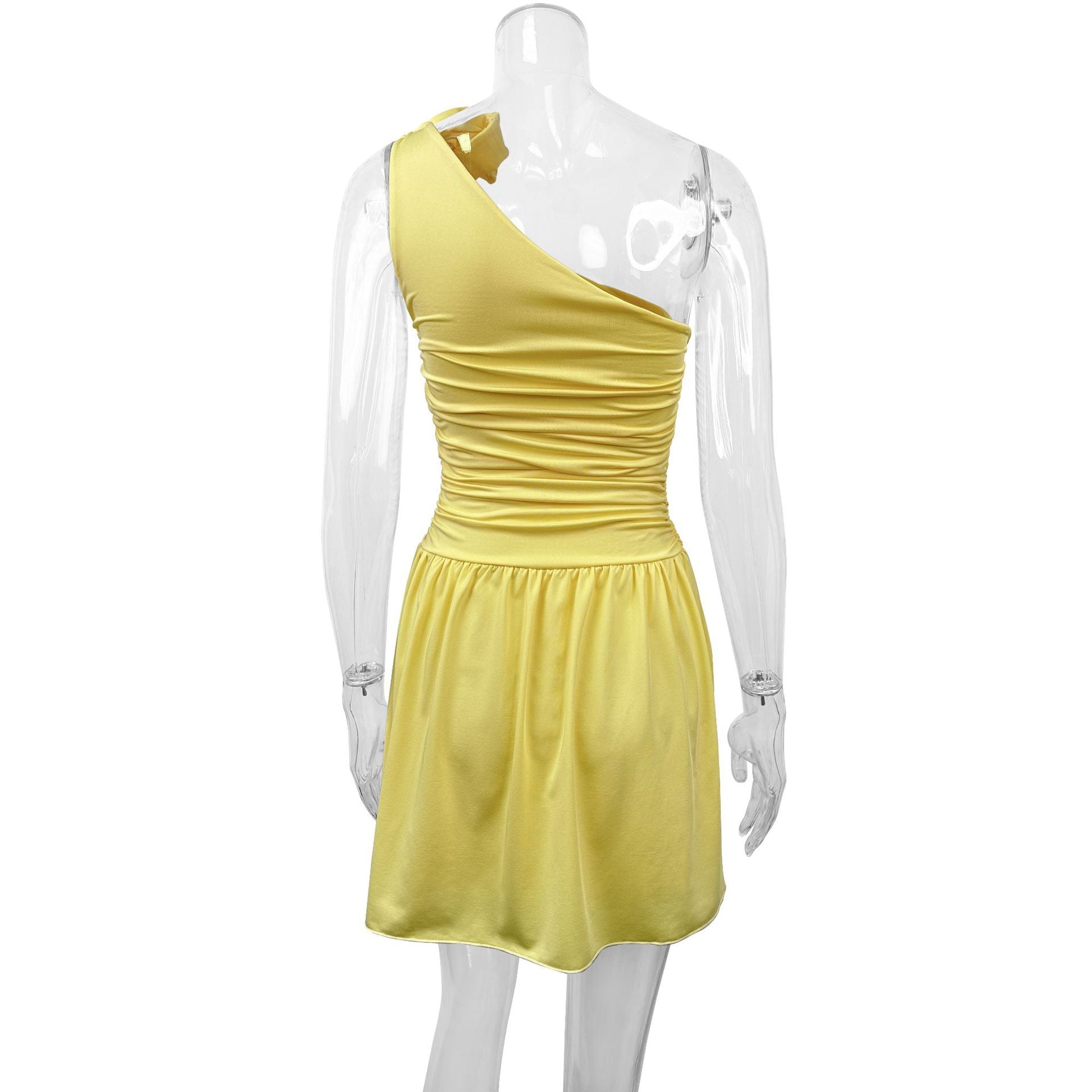 yellow One-shoulder fitted waist A-line mini dress