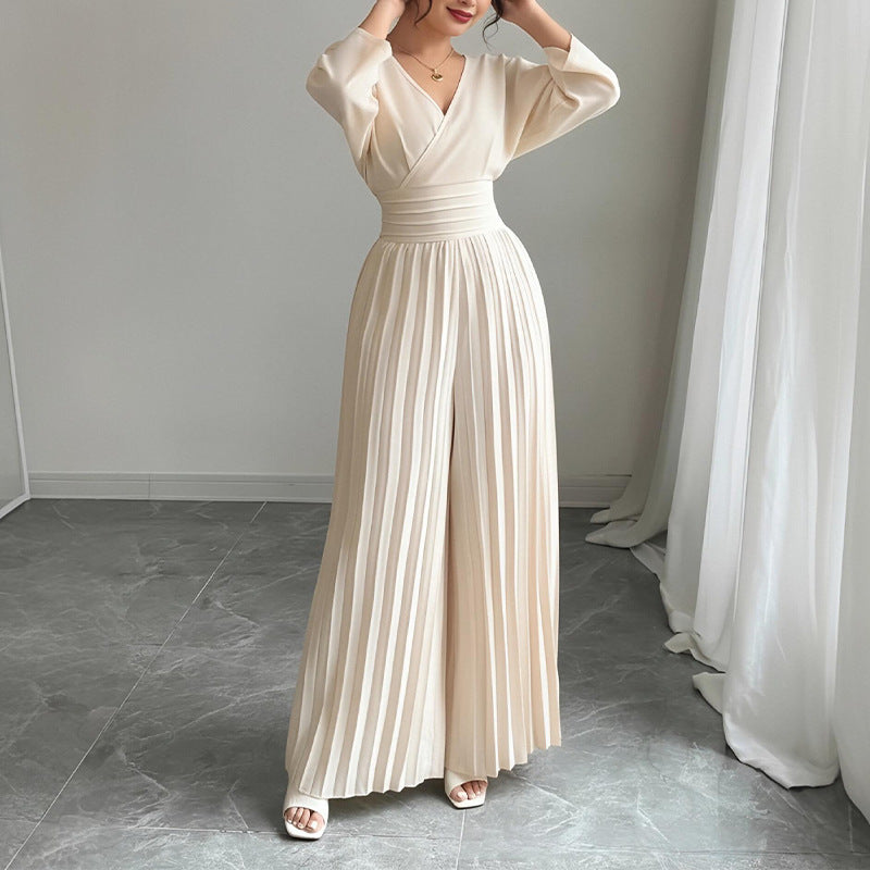 apricot V-Neck Pleated Wide-Leg Jumpsuit