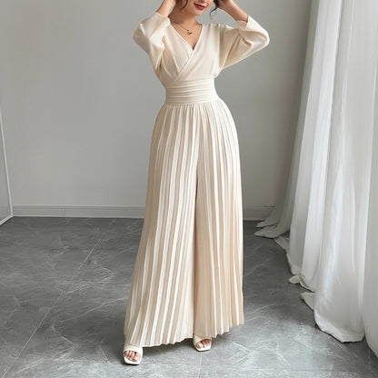 apricot V-Neck Pleated Wide-Leg Jumpsuit