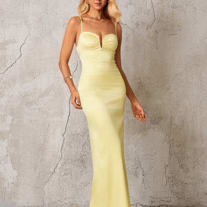 yellow backless V-neck hip-hugging maxi dress