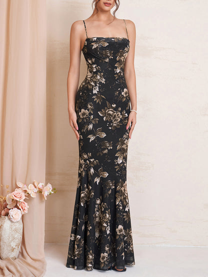 black print Mesh slip open back pleated dress