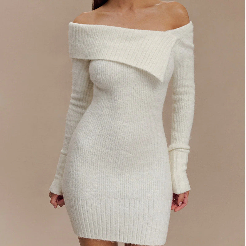white off-the-shoulder long-sleeved knitted dress