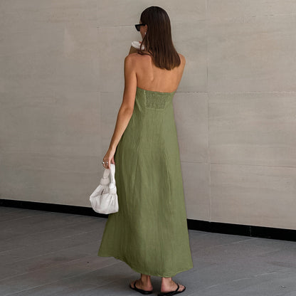 cotton linen strapless A-line midi dress