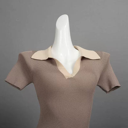 knitted short contrast slim A-line dress