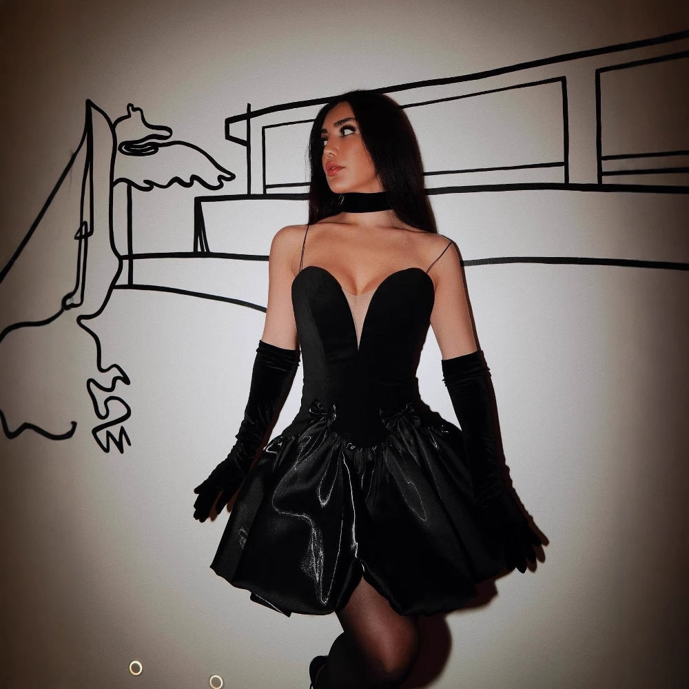 black Strapless puff mini dress