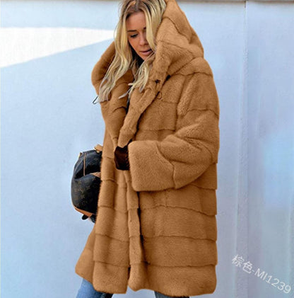 Solid Color Long Sleeve Faux Fur Hooded Warm Fur Jacket