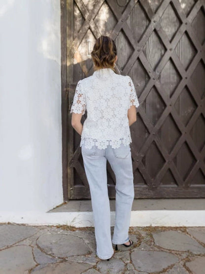 white cut-out embroidery lace short-sleeved shirt top