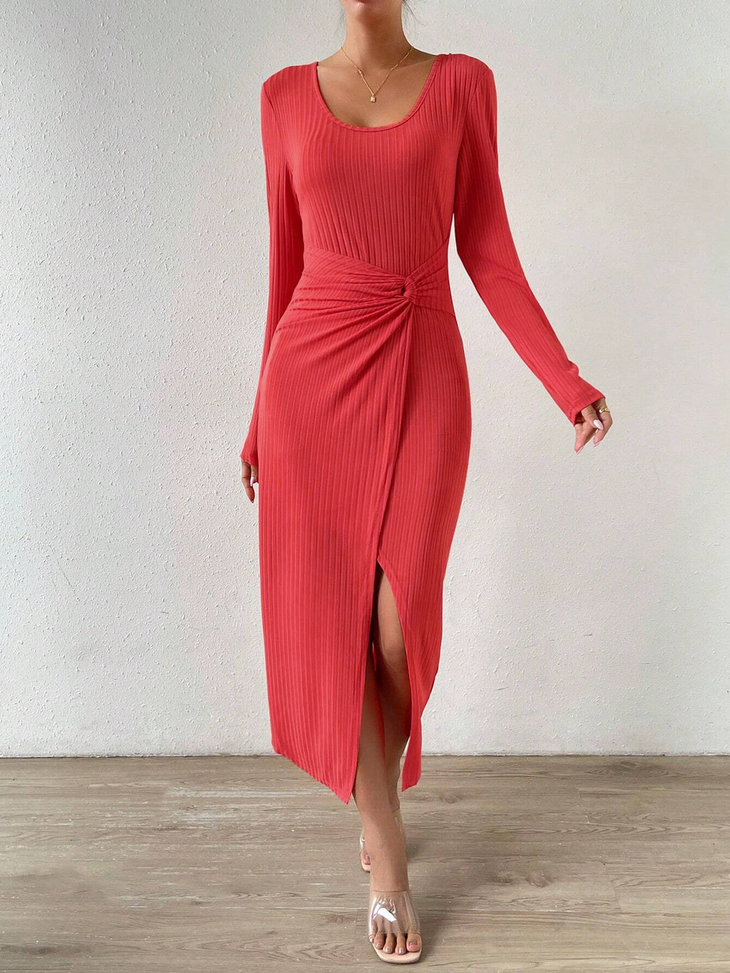 lena red Slit bodycon maxi dress