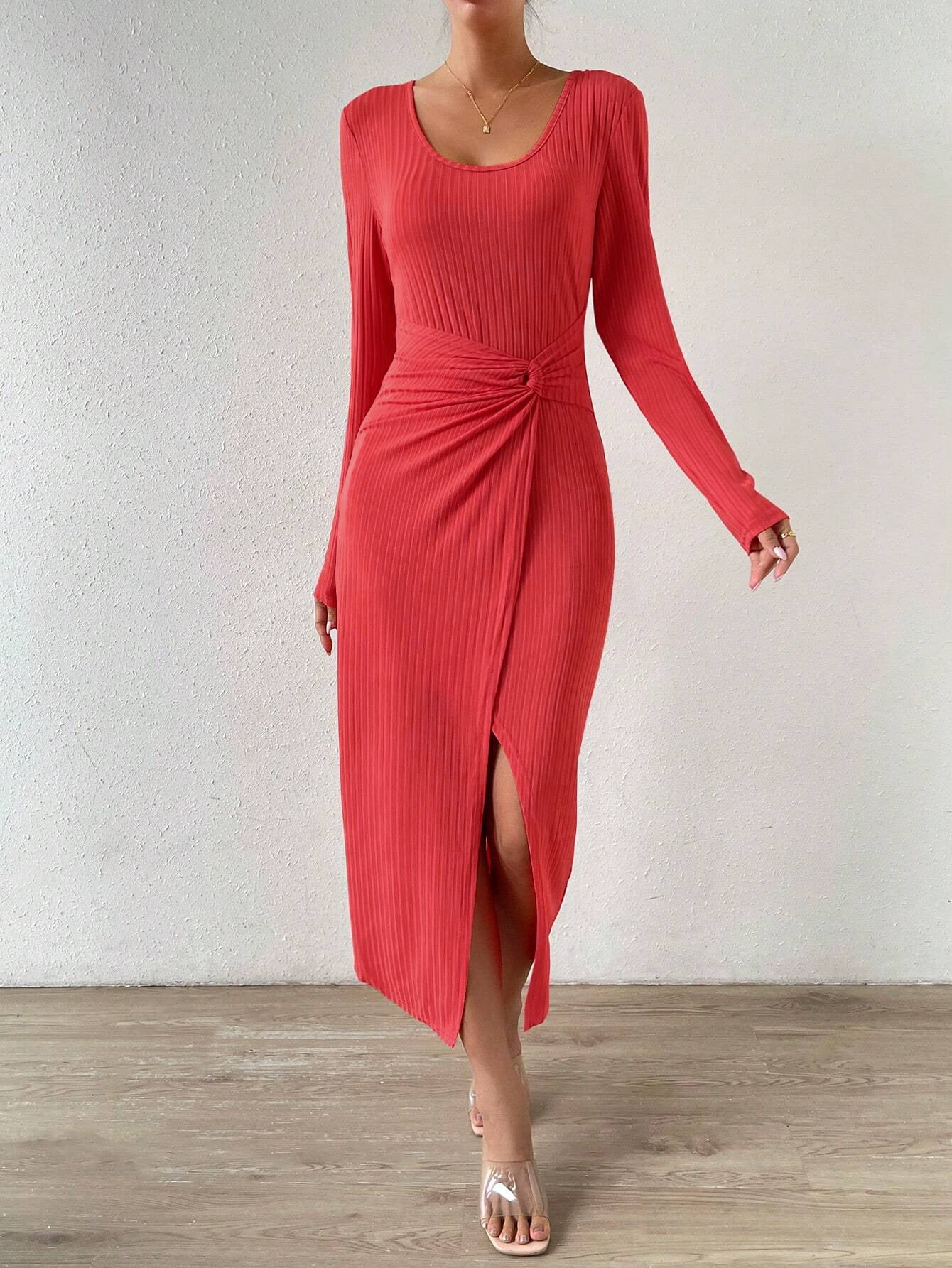 lena red Slit bodycon maxi dress