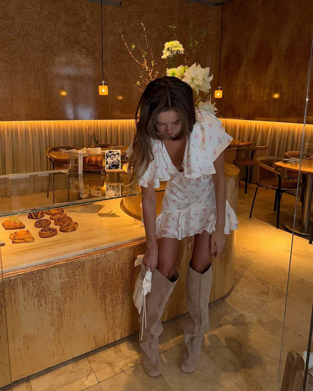 pink ruffled floral mini dress