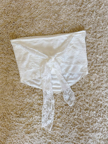 lace bow tie embroidered hollowed out irregular high-waist short strapless top with irregular edges