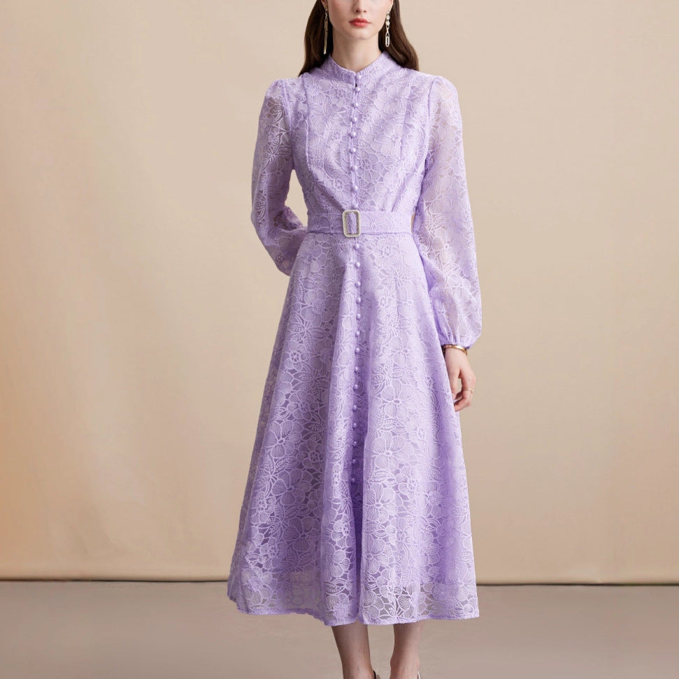 Lace embroidered stand-up collar single-breasted full skirt dress