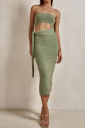 green cut-out backless bandeau lace-up knitted dress
