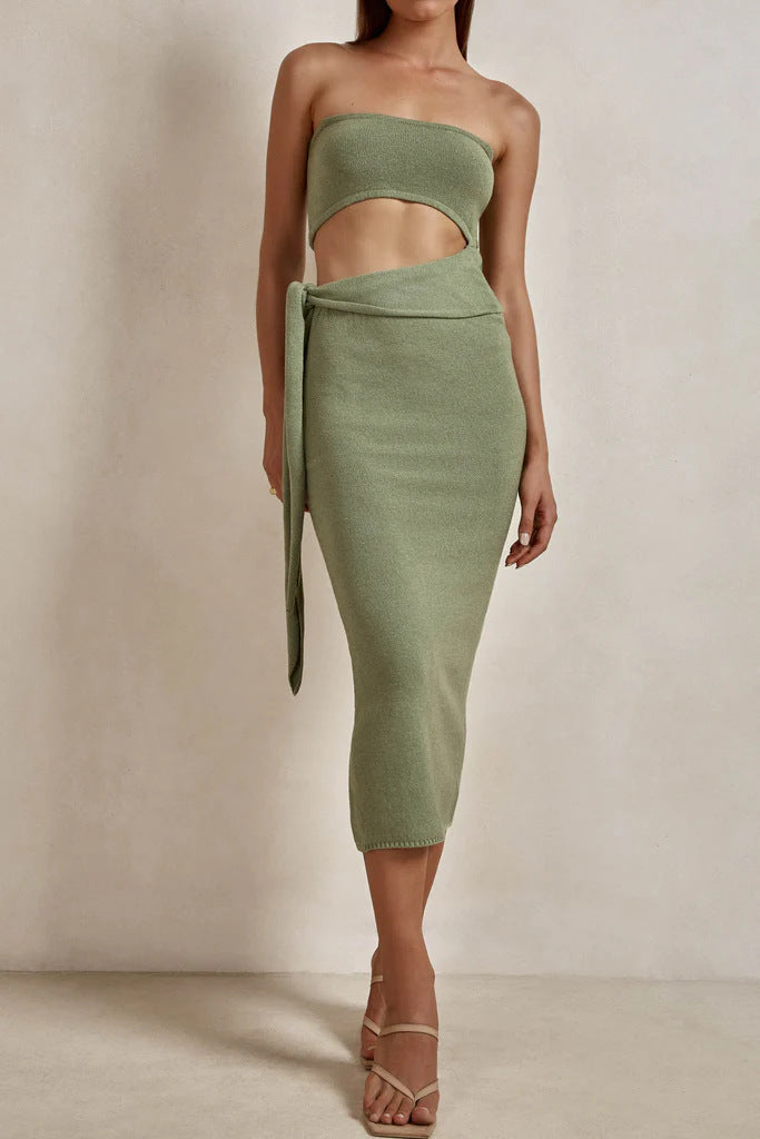 green cut-out backless bandeau lace-up knitted dress