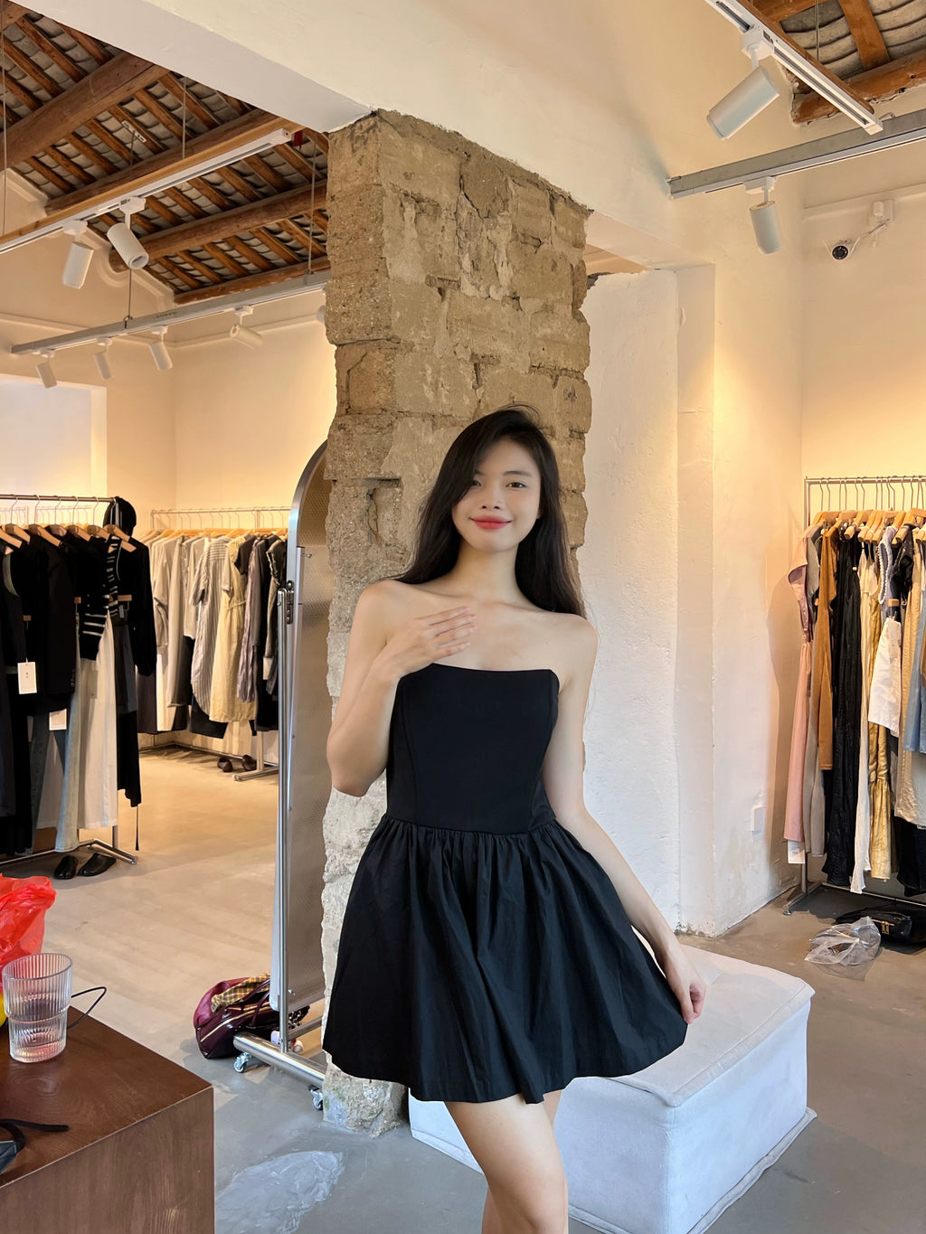 black fishbone shaping pinch pleats waist bandeau dress