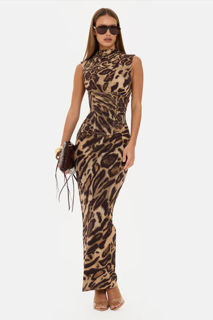 brown Fishbone Shaped Drawstring Dress