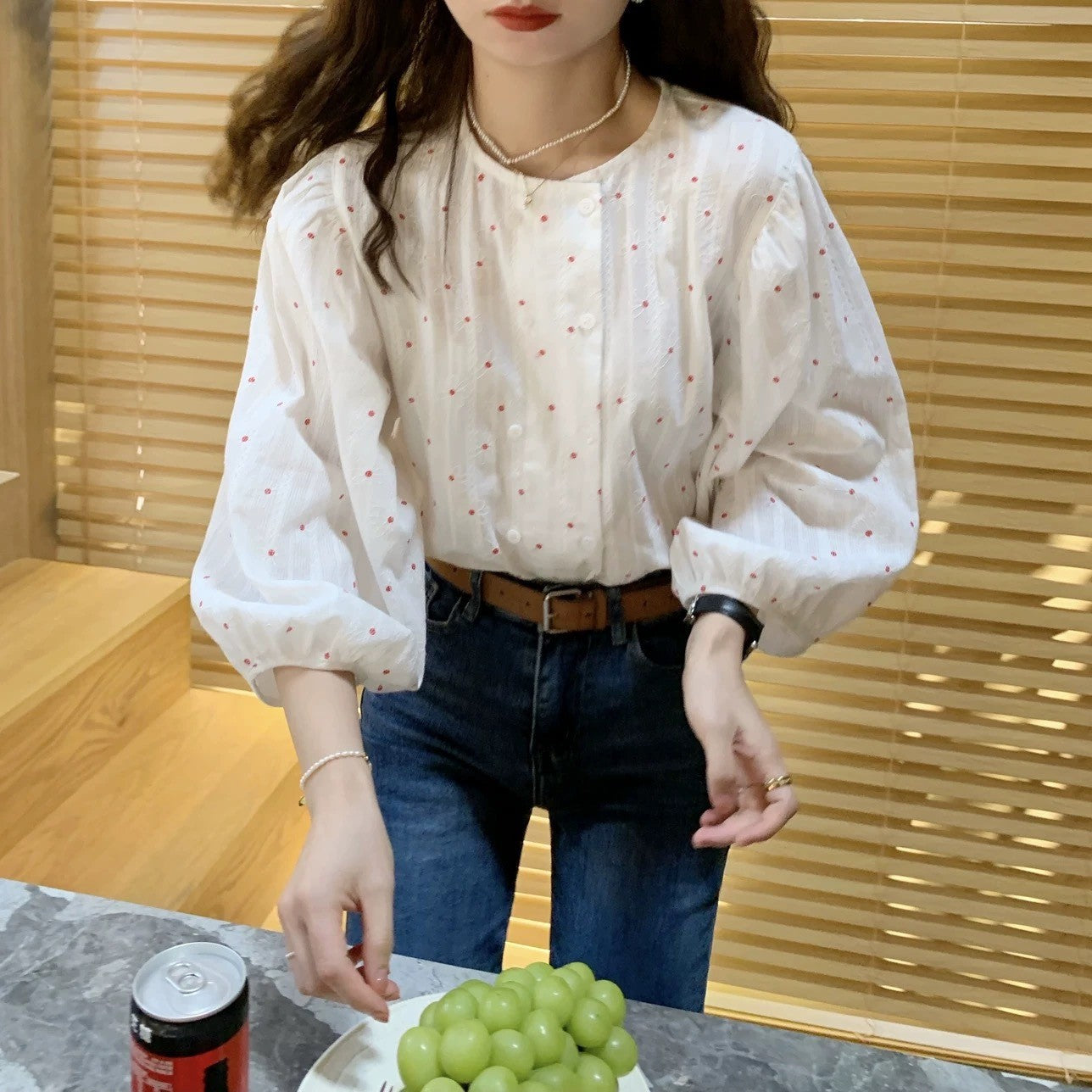 Double-breasted shirt with subtle floral pattern