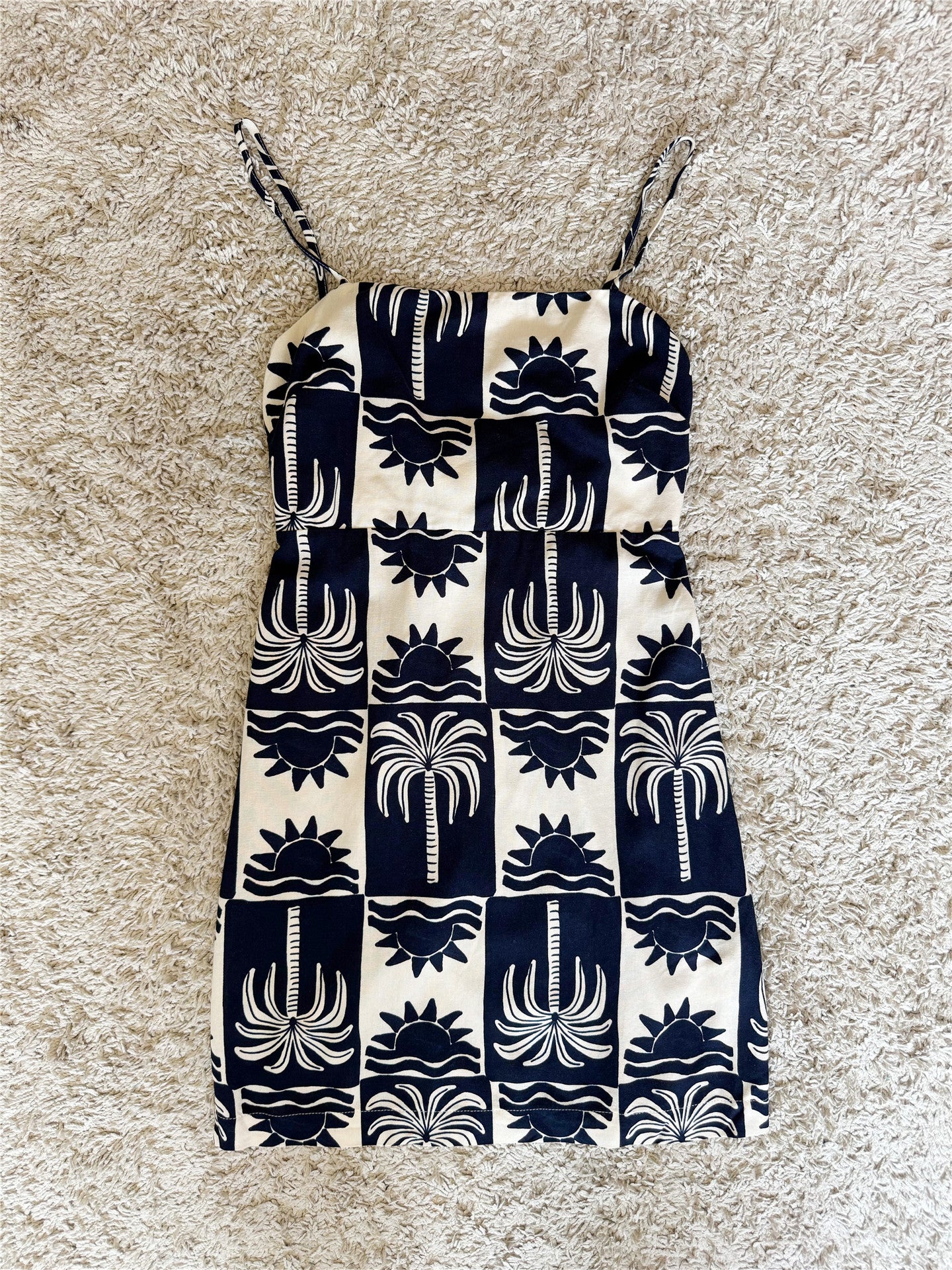 Checkered Palm Tree Print Spaghetti Strap Mini Dress