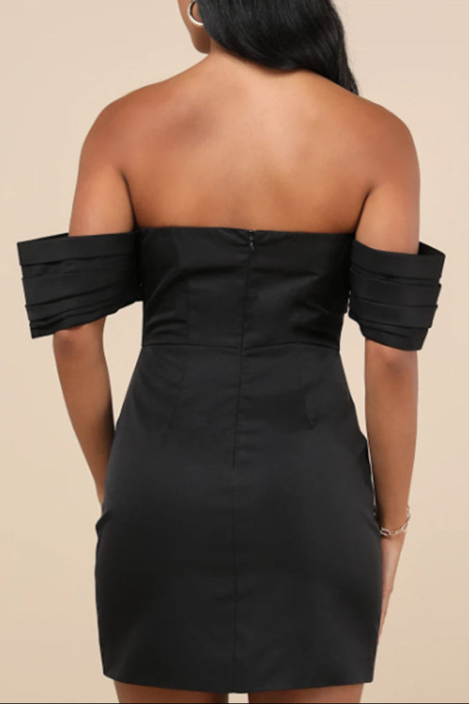 black off-the-shoulder mini dress