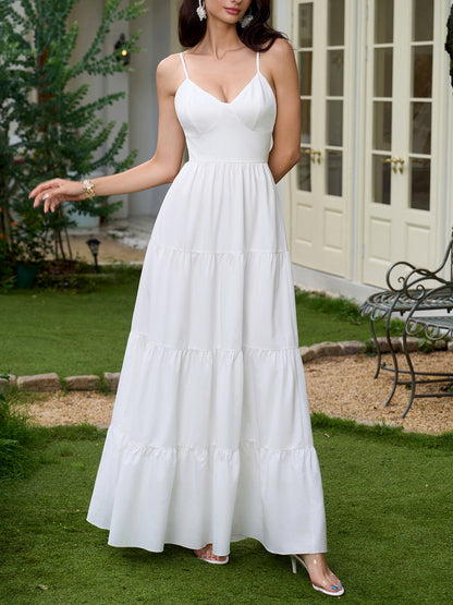 white V-neck backless camisole dress