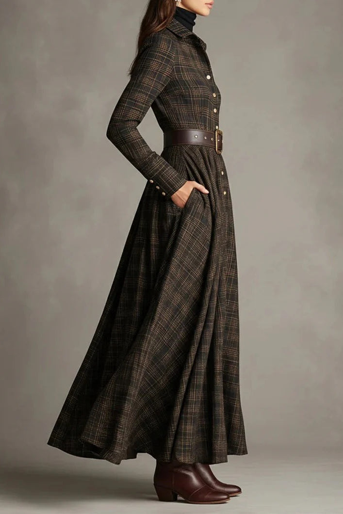 long sleeve printed lapel elastic cinched maxi dress