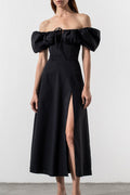 black Puff Sleeve Lace-up Slit Dress