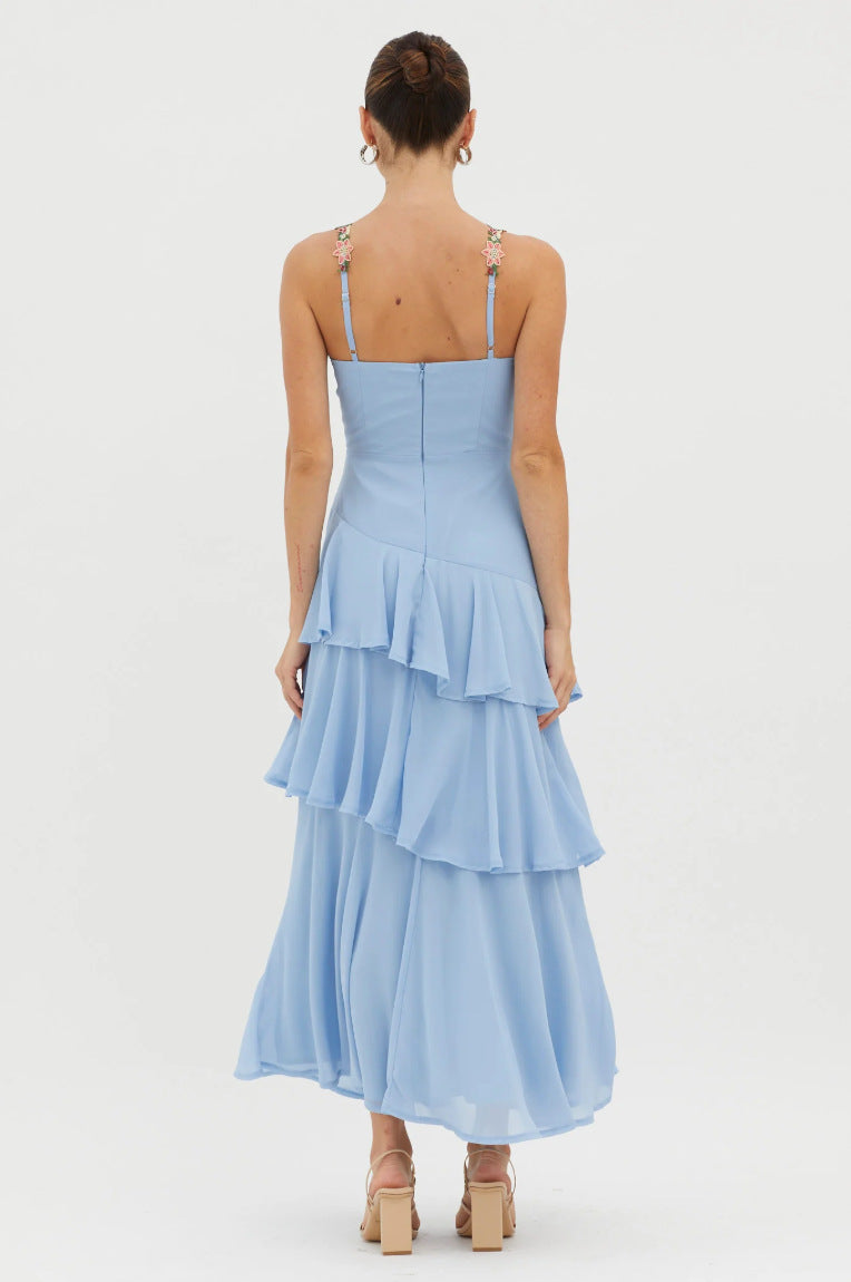 blue Cascading Ruffle Floral Decorative Dress