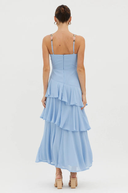 blue Cascading Ruffle Floral Decorative Dress
