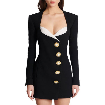 Long-sleeved square neck color-blocked slim-fit bodycon dress