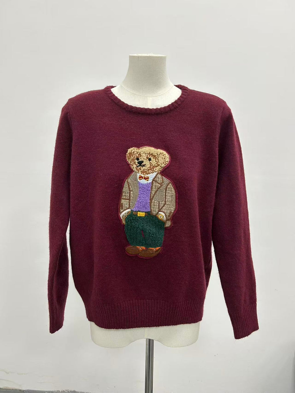 Burgundy retro bear embroidery loose pullover sweater