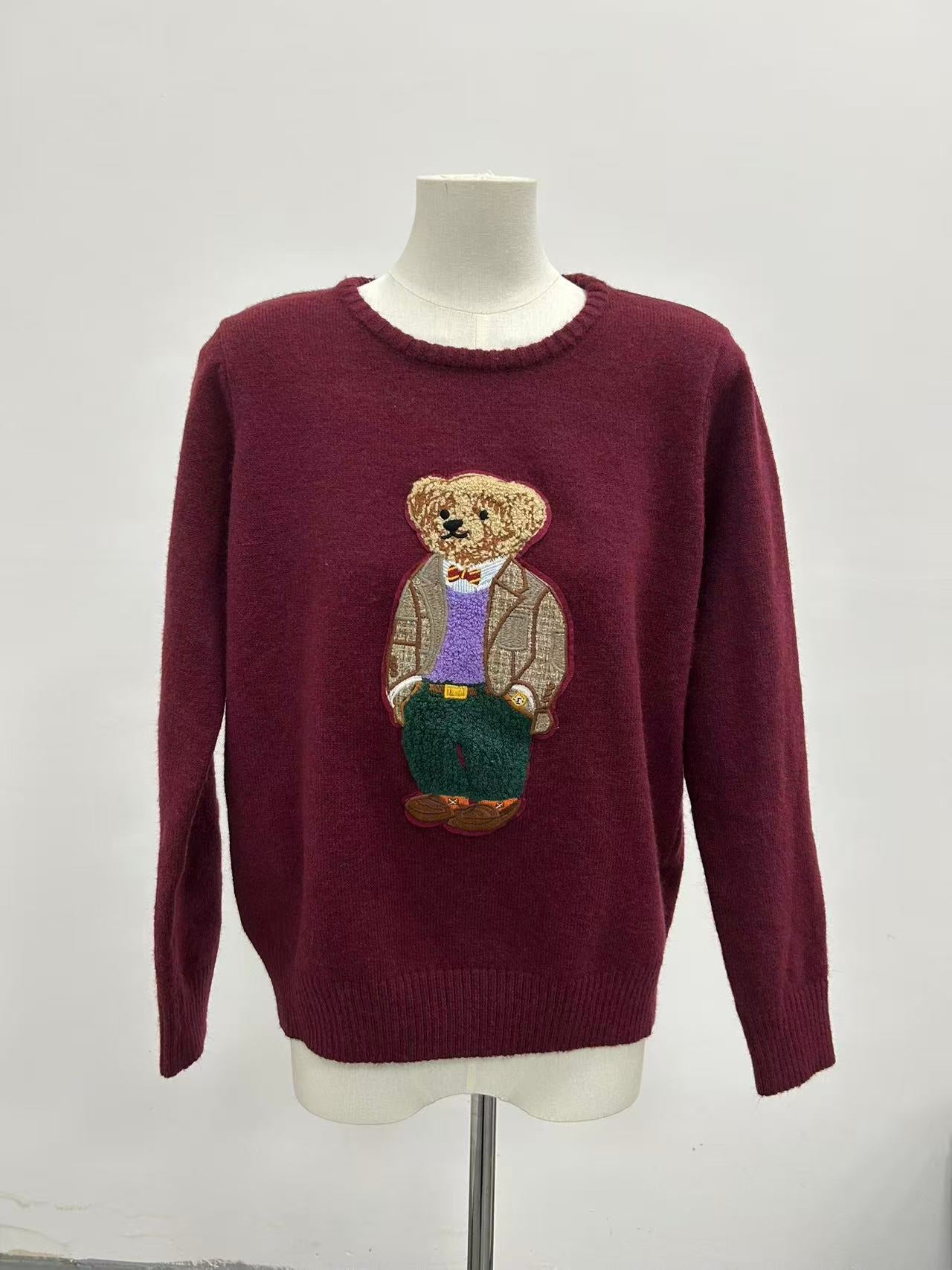 Burgundy retro bear embroidery loose pullover sweater