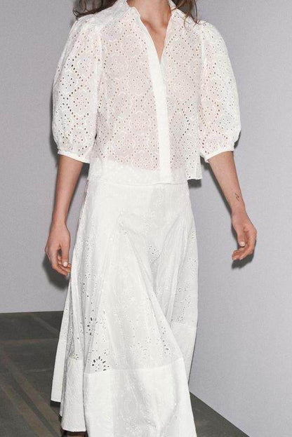 Lapel Puffy Sleeve Hollow Embroidered Shirt