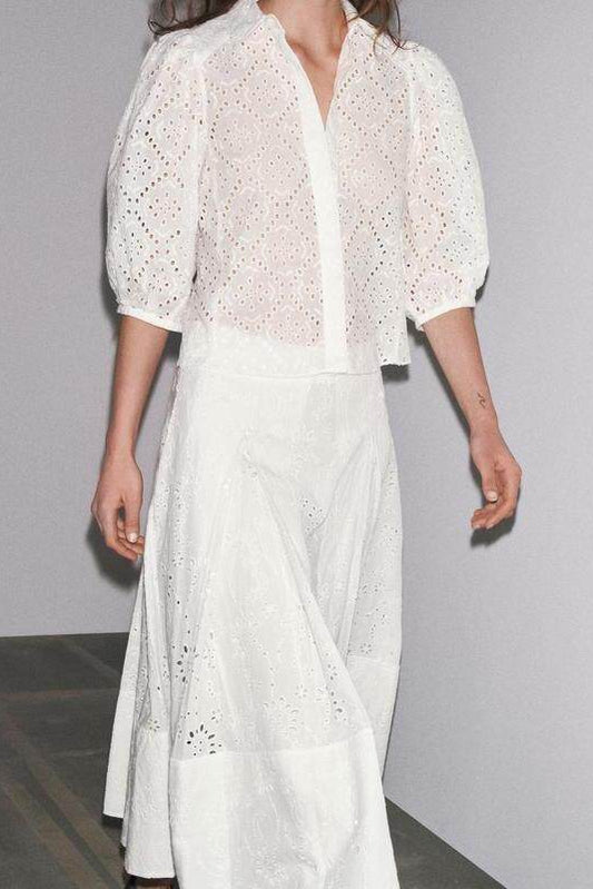 Lapel Puffy Sleeve Hollow Embroidered Shirt