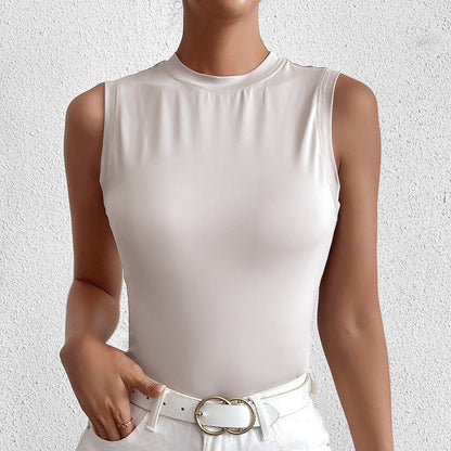 white sleeveless crew neck milk silk short tank top