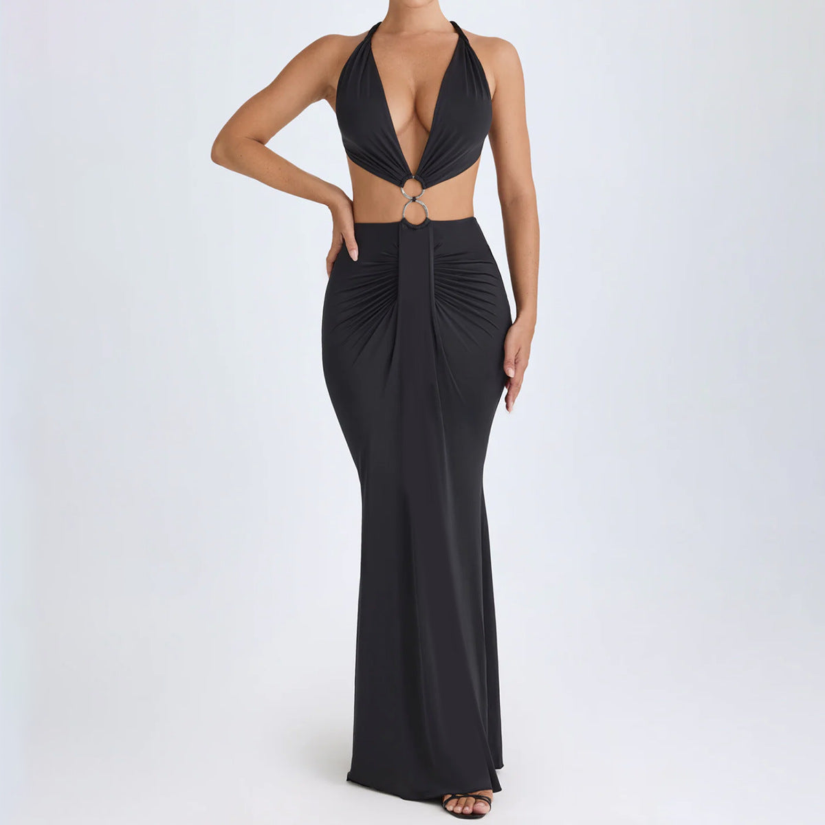 Hollow-out backless deep V-neck dress