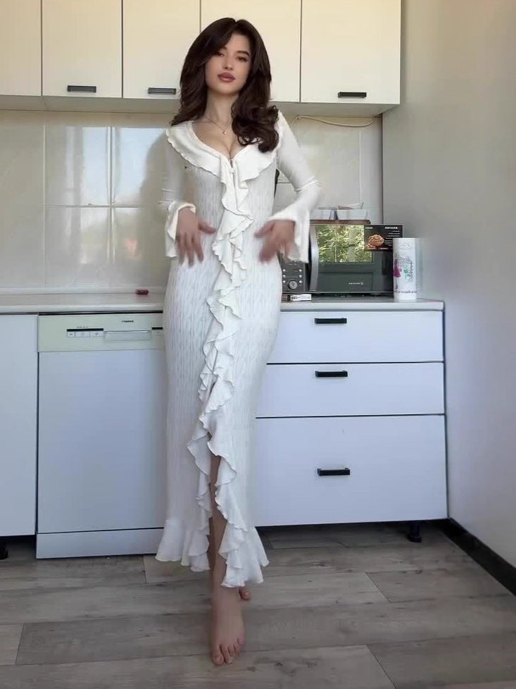 queena white long-sleeved maxi dress
