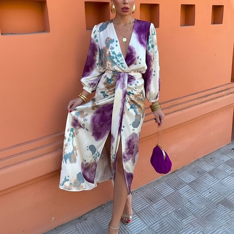 purple print V-neck puff sleeve waist skirt set