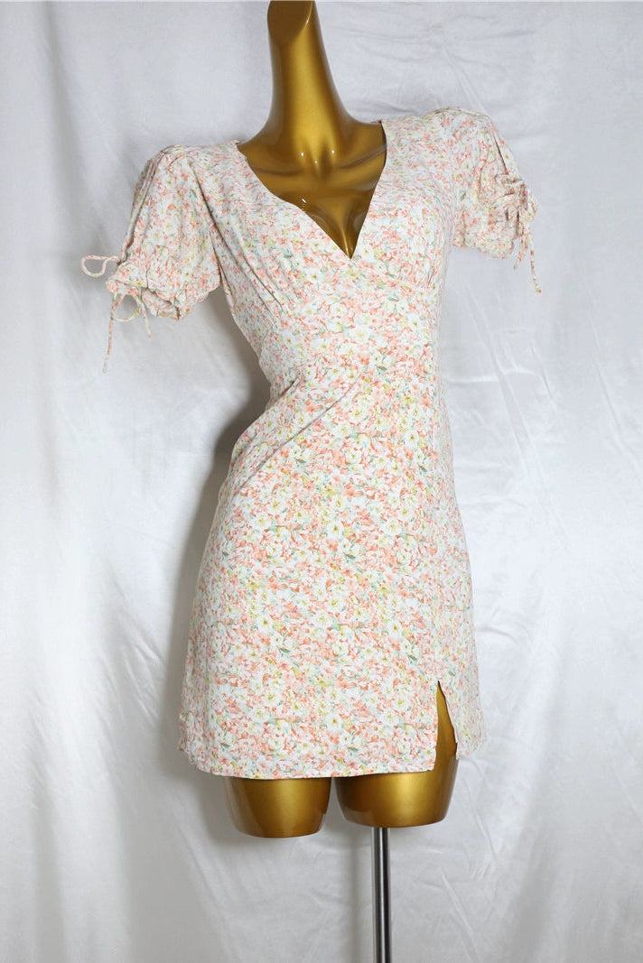 pink floral V-neck mini dress