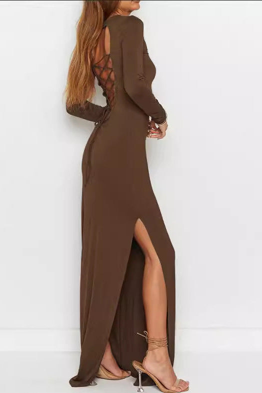 Round neck long sleeve hollowed-out backless bodycon maxi dress