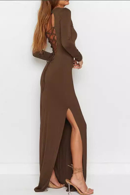 brown Round neck long sleeve hollowed-out backless bodycon dress