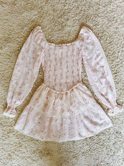pink floral lace crochet lace layered long-sleeve dress