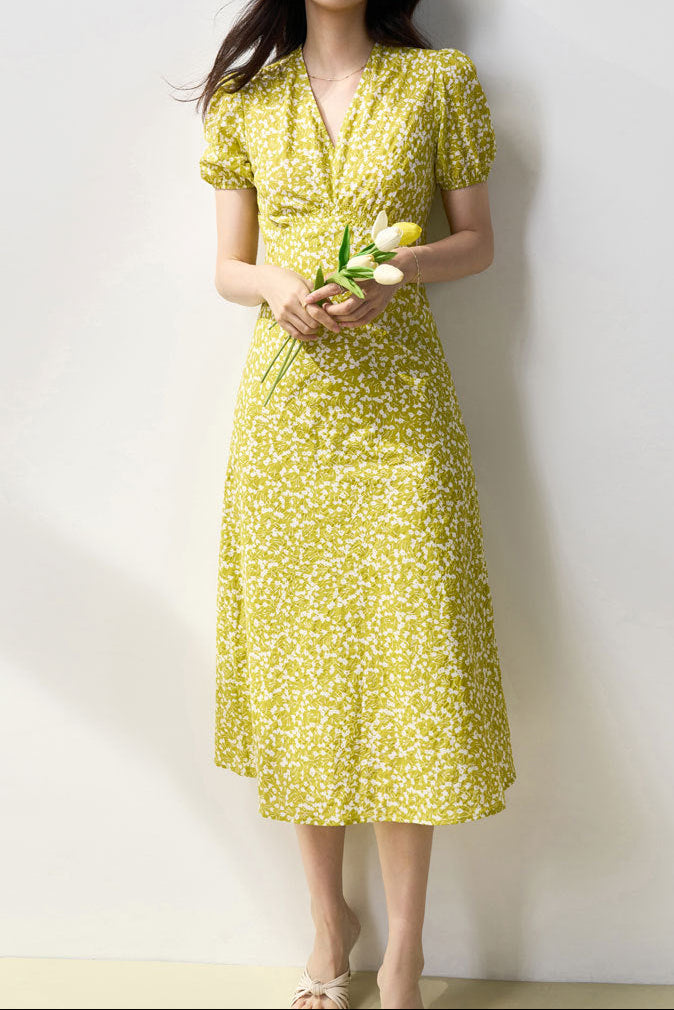 High-waisted V-neck pleated texture floral print midi dress - green