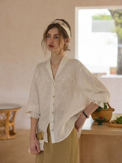 Linen jacquard V-neck rope embroidery shirt