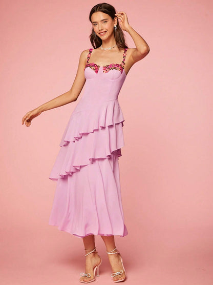 pink Cascading Ruffle Floral Decorative Dress