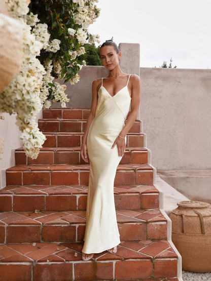 yellow backless suspender mermaid maxi dress