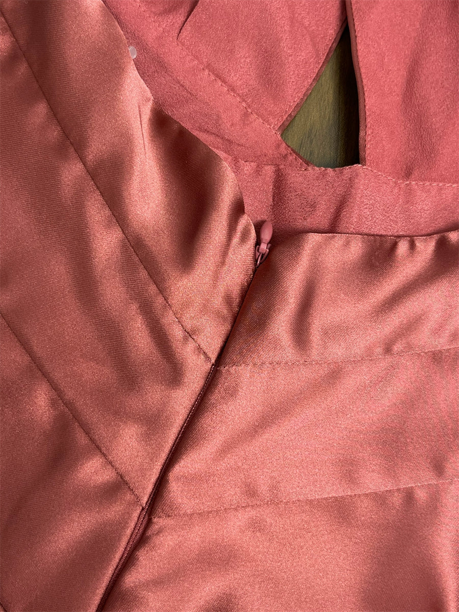 brown halterneck backless dress