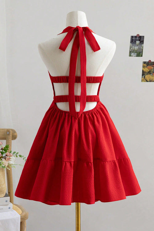 grace Red halter-neck backless mini dress