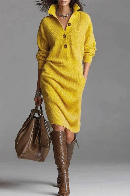 Button-down collar straight knit sweater midi dress