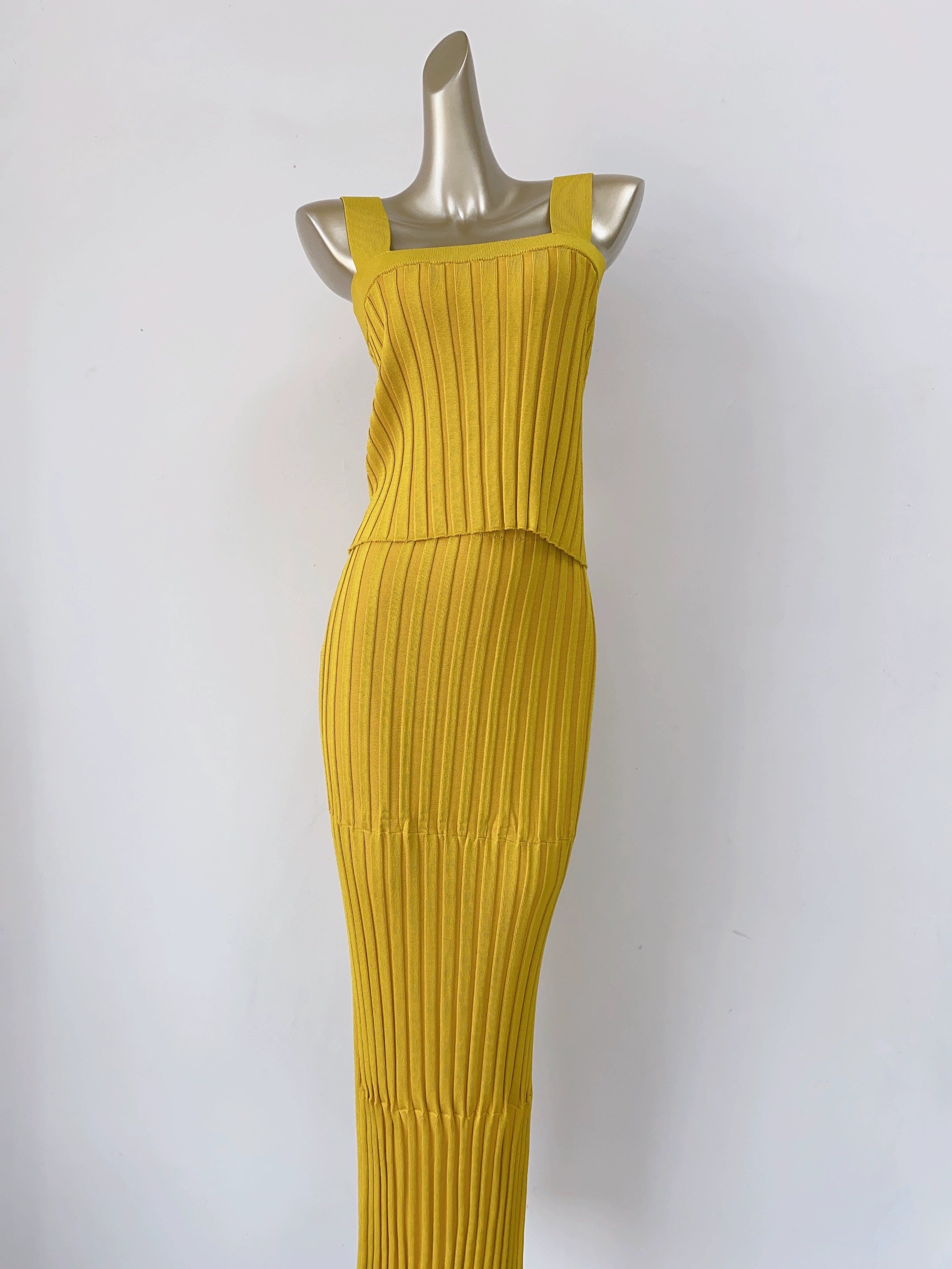 yellow Square Neck Vest Skirt Suit